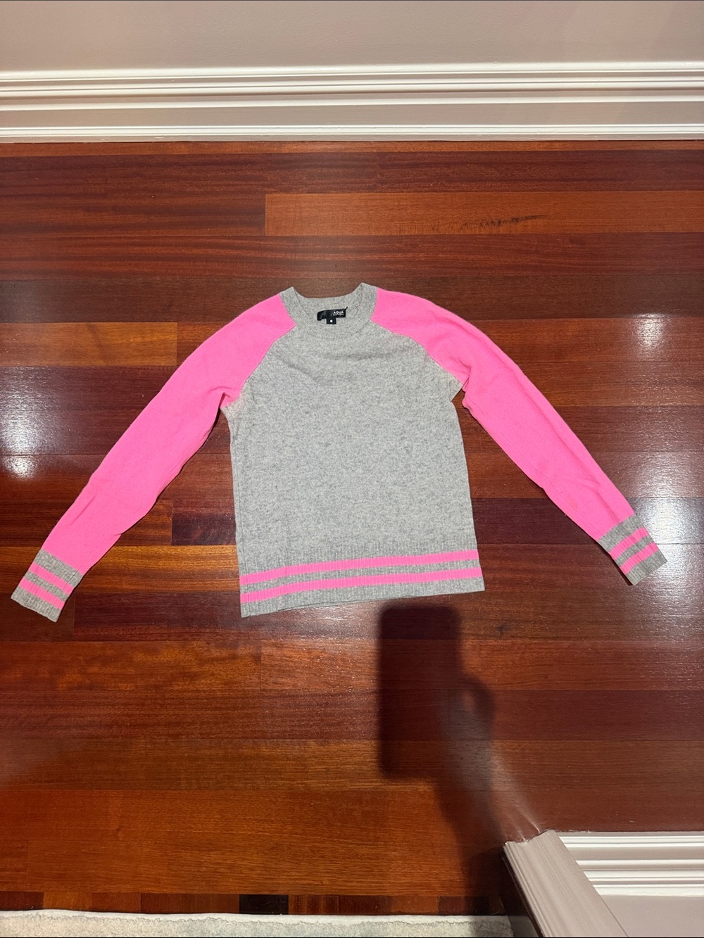 Aqua Light Gray Cashmere Crewneck Sweater with Pink Accent